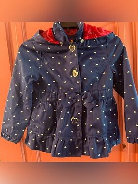 Pink Platinum Navy Heart-Print Hooded Raincoat with Red Lining